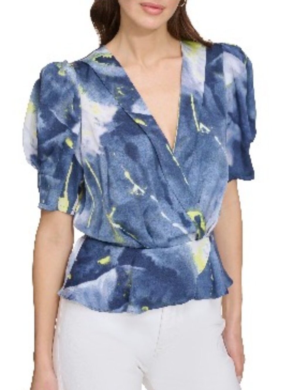 DKNY Blue Yellow Watercolor Print Satin Puff Sleeve Peplum Blouse XL